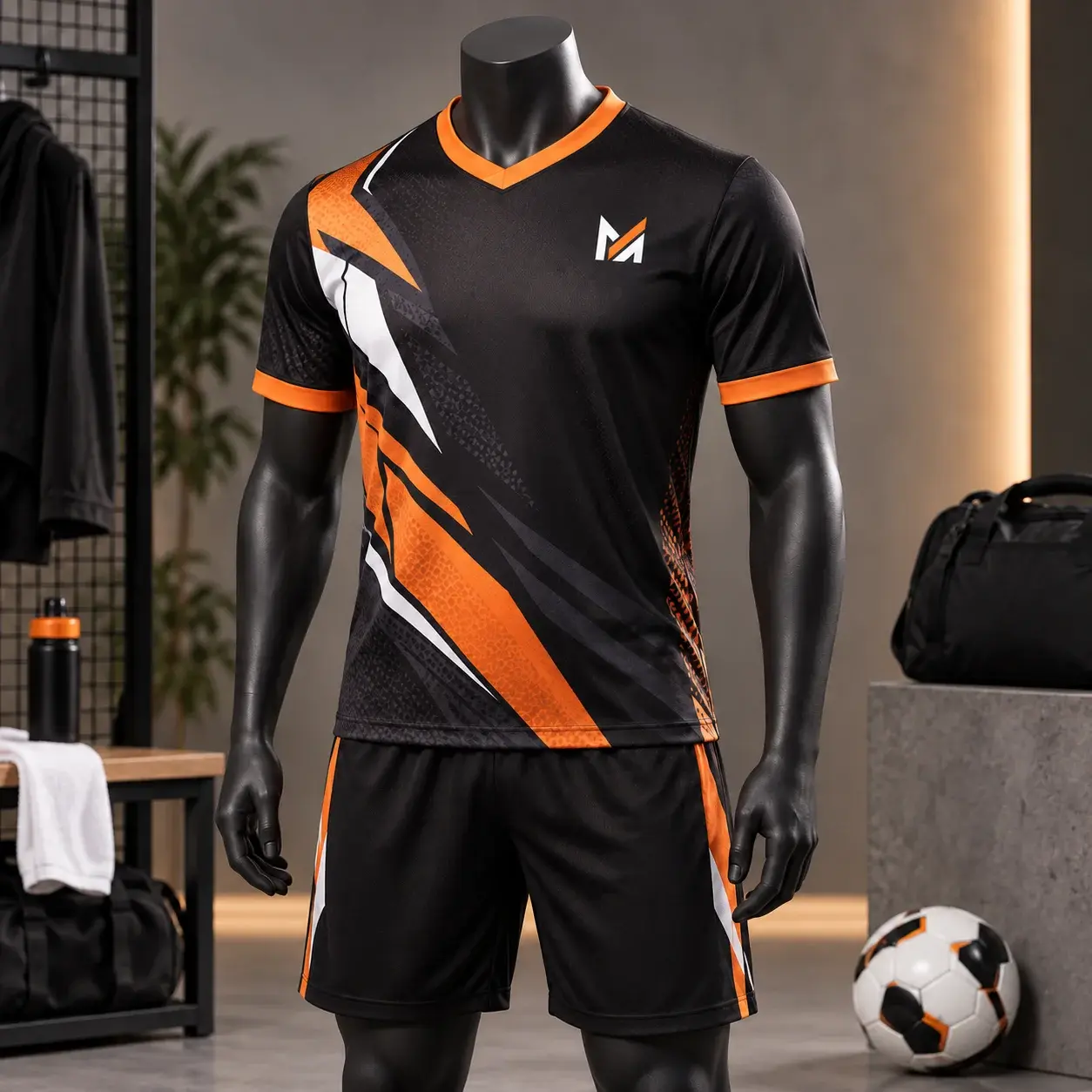 Black and orange custom sports jersey with matching shorts displayed on a black mannequin in a modern athletic showroom, featuring the Mega Apparel logo on the chest.